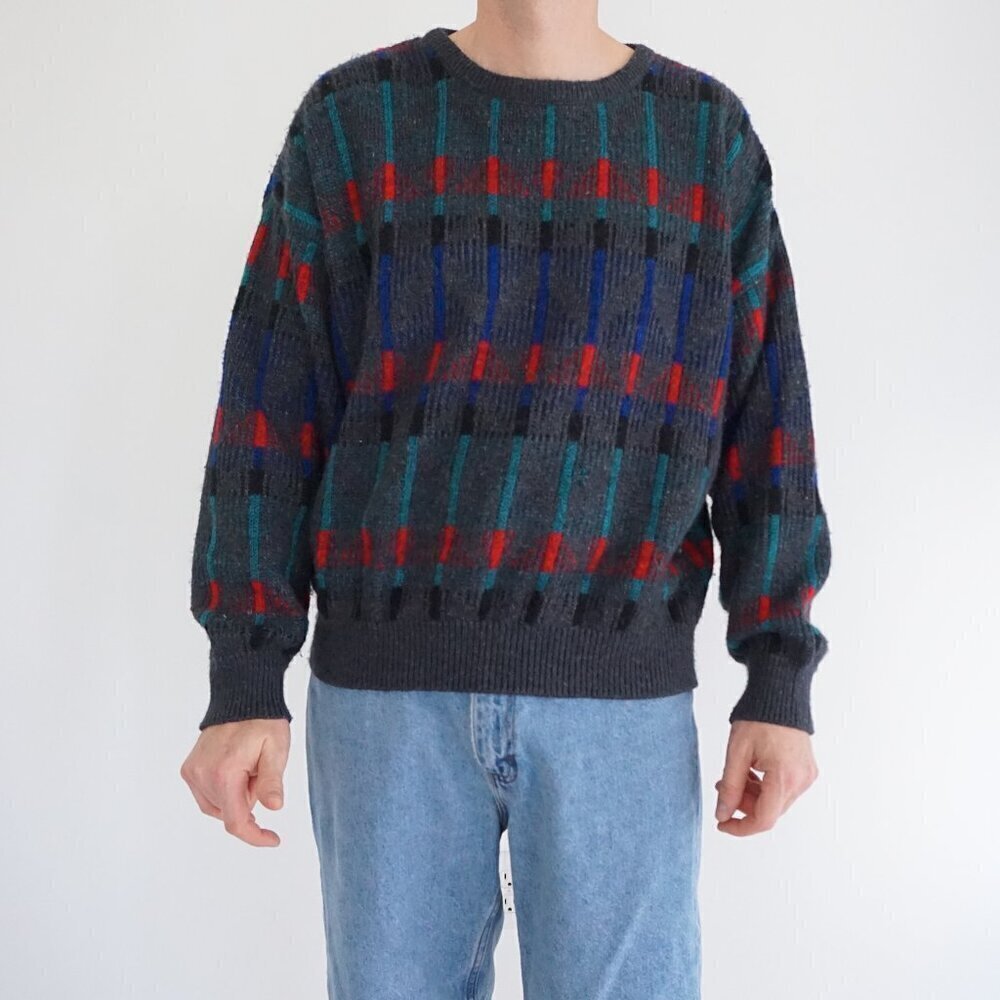 Vintage '80S Jantzen Gray 3D Biggie Eclectic Cosby Coogi Chunky Knit Sweater XL